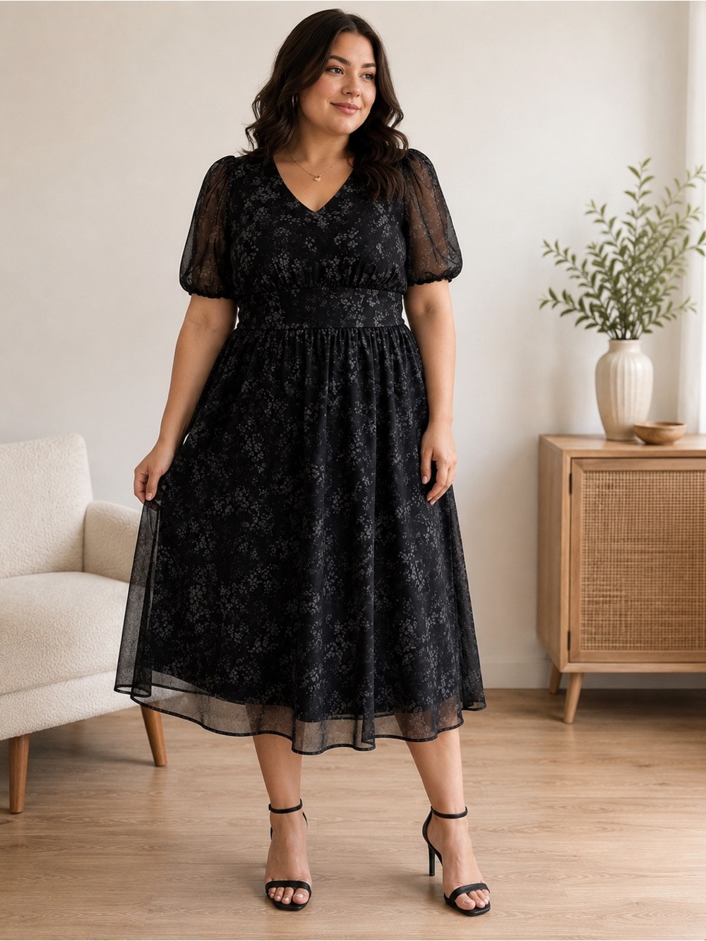 Reitmans Plus Size 2X Black Floral Mini Midi Dress Sheer Puff Sleeves Flowy